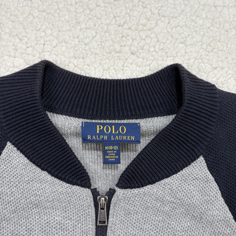 Polo Ralph Lauren Big Pony Full Zip Sweater Jacket Boys M Grey Black Mesh Raglan - Picture 2 of 7